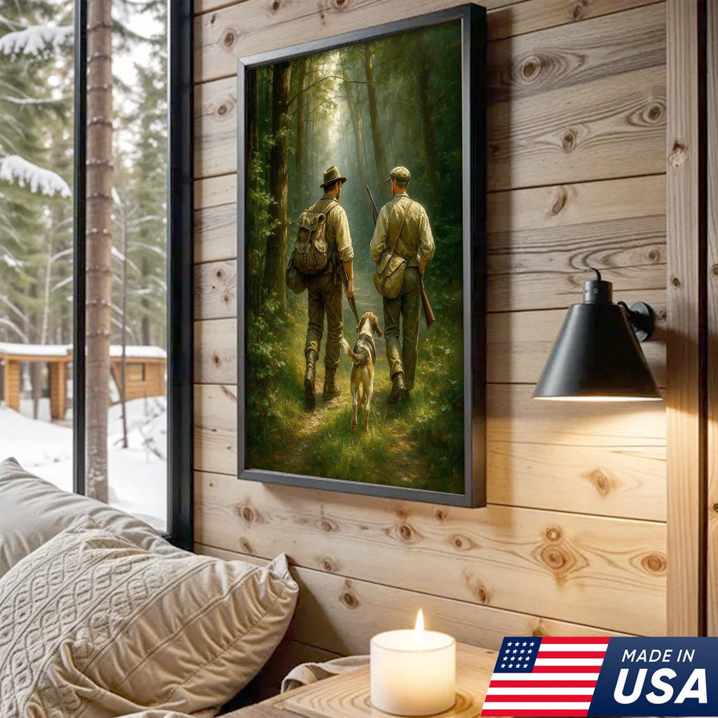 Hunting Canvas Wall Art – Hunters Walking with Dog in Forest – Rustic Cabin Decor