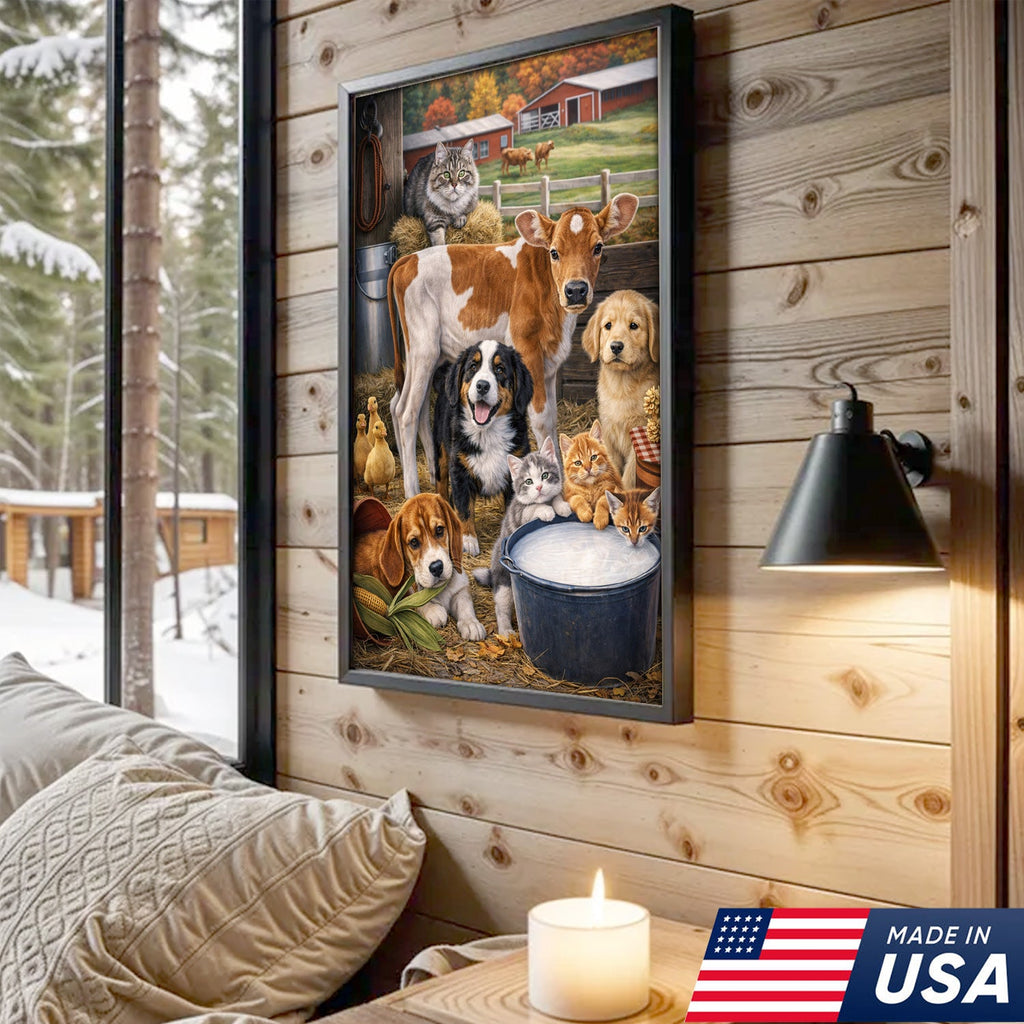 Farm Animals Canvas Wall Art – Cute Barn Animal Painting Cow Dog Cat Farm Decor
