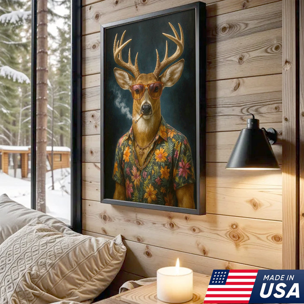 Cool Deer Smoking Canvas Wall Art, Funny Animal Portrait Artwork, Retro Hunter Gift Decor