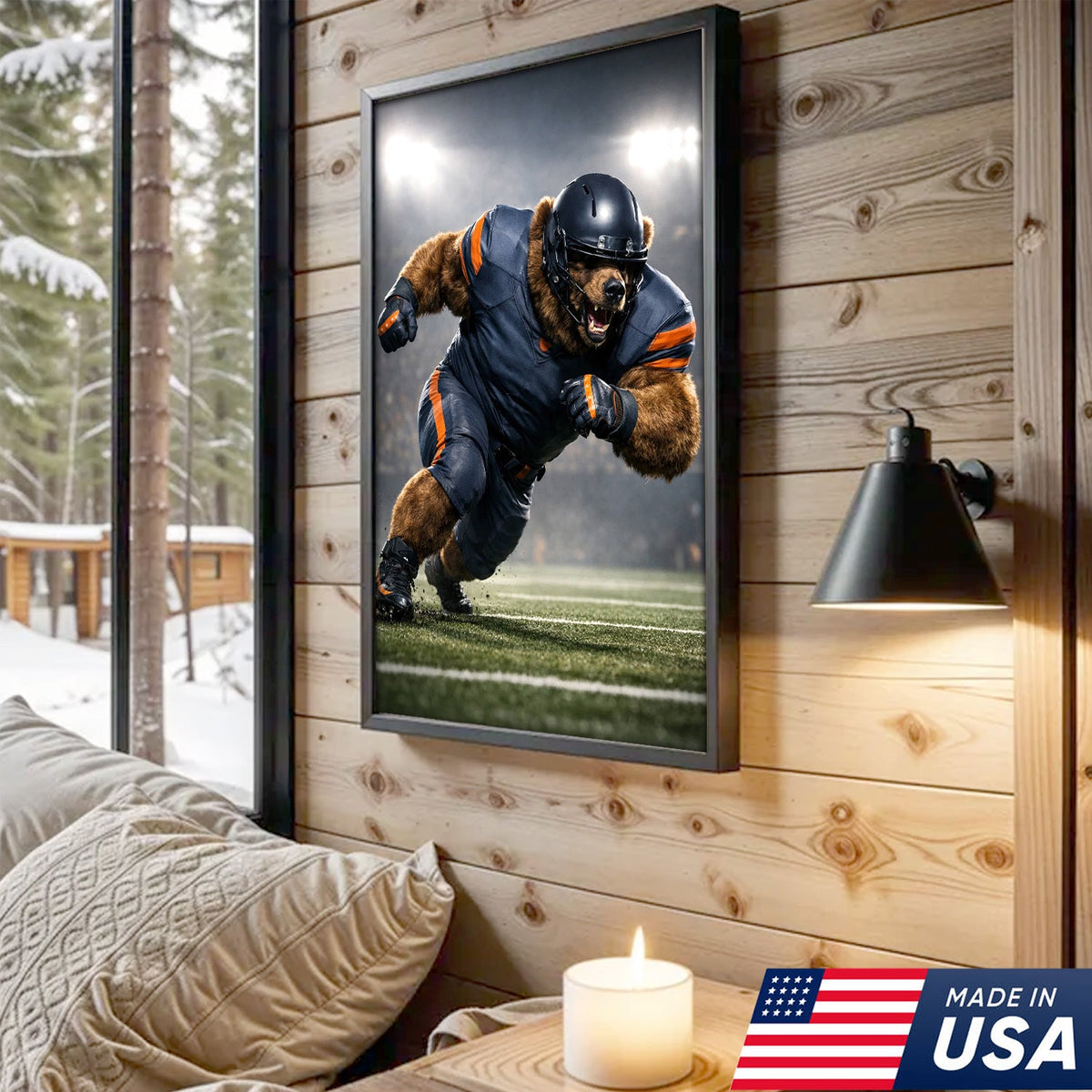 Raging Grizzly Football Canvas Wall Art – Powerful Bear Athlete Stadium Action Print