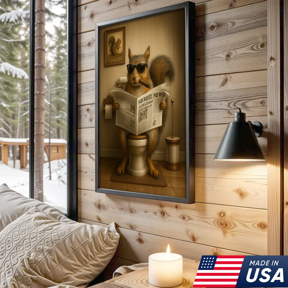 Hilarious Squirrel Canvas Print – Unique Rustic Bathroom Humor for Hunting Lodge and Man Cave