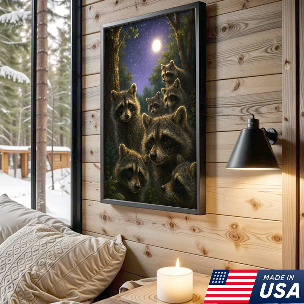 Raccoons Under Full Moon Canvas – Woodland Night Scene, Rustic Lodge Wall Art