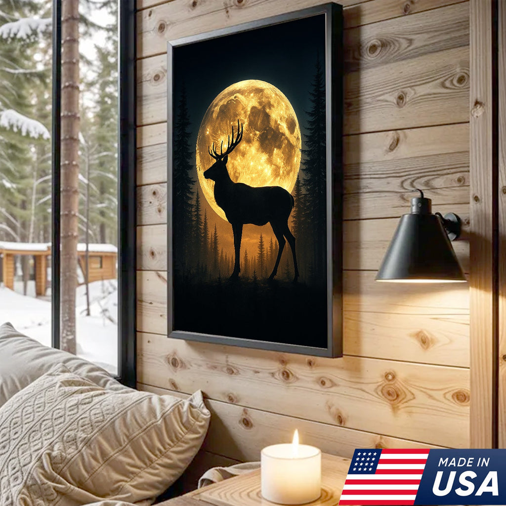 Moonlit Deer Silhouette Canvas – Rustic Forest Wall Art for Cabin & Lodge Decor