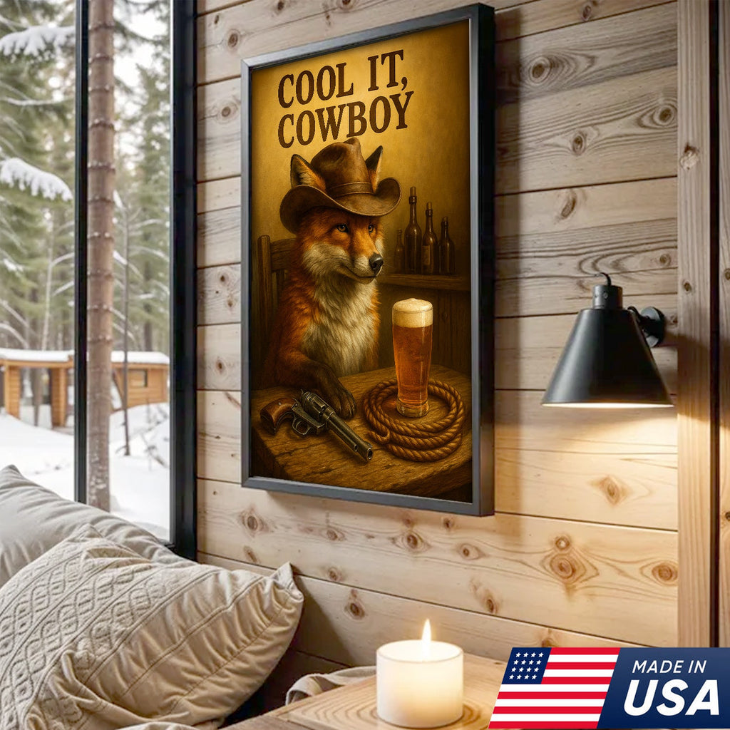 Cowboy Fox Canvas Wall Art – Rustic Western Saloon Painting with Coors Beer