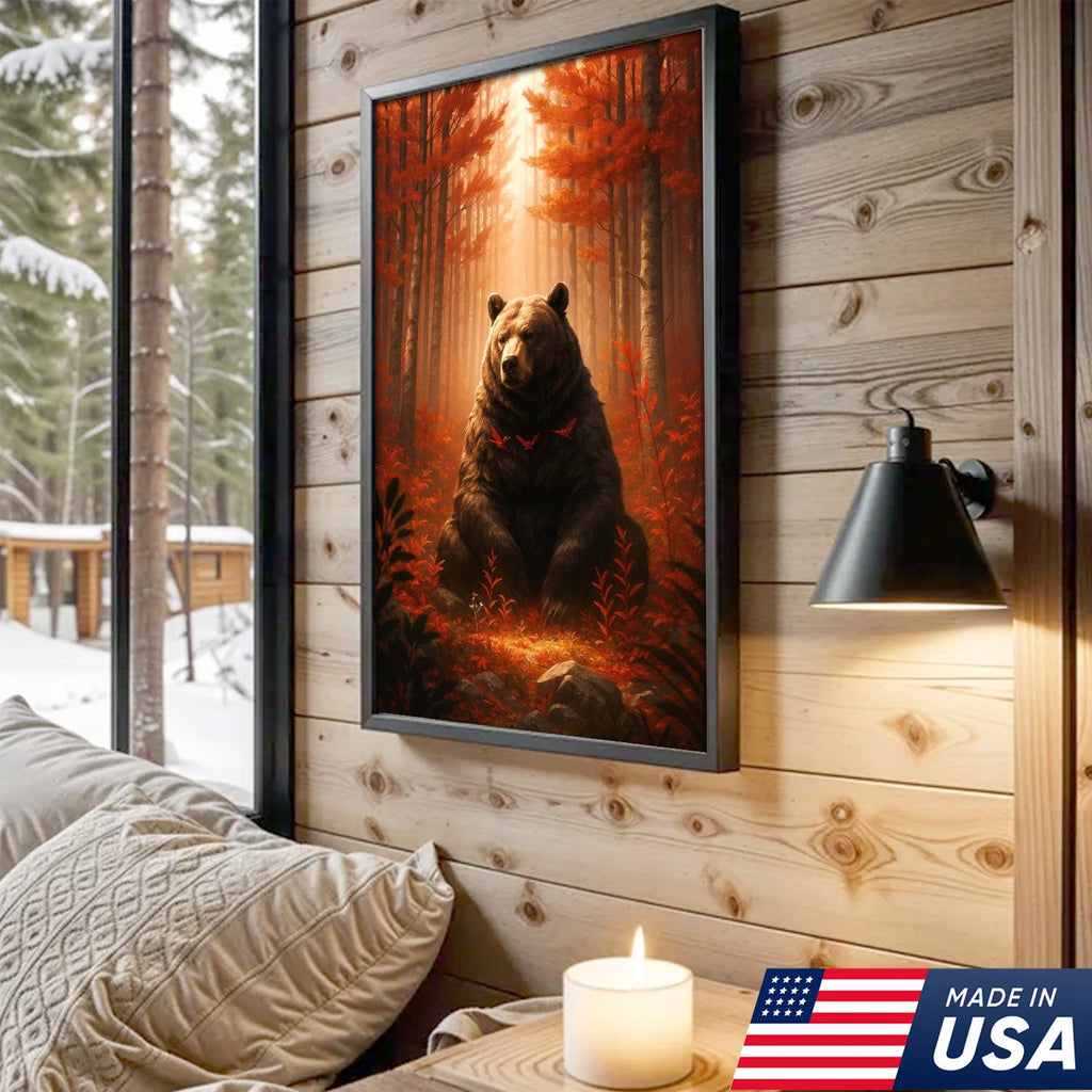 Autumn Forest Bear Canvas Wall Art, Majestic Brown Bear in Fall Woodland