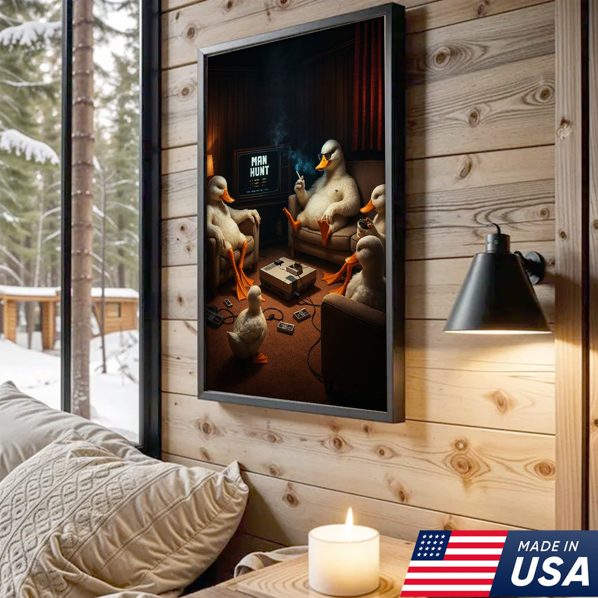 Gaming Ducks Retro Scene Canvas – Dark Humor Surreal Wall Art for Man Cave Decor