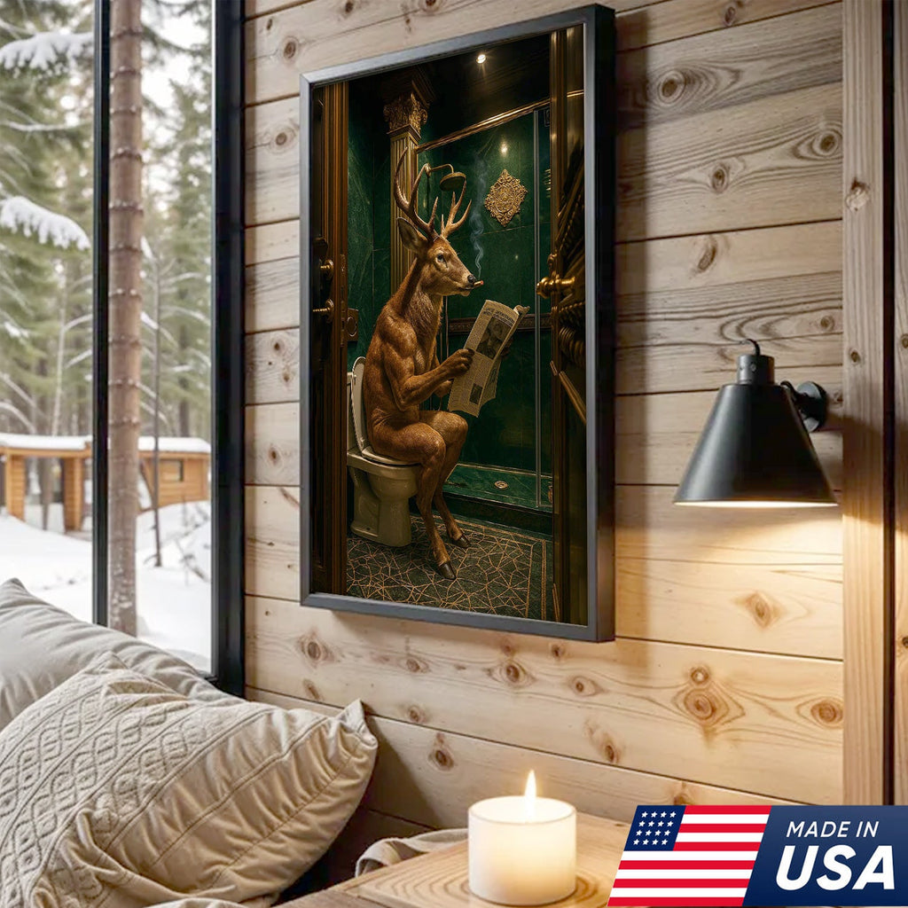 Funny Deer Canvas Wall Art - Anthropomorphic Deer Reading Newspaper in Bathroom