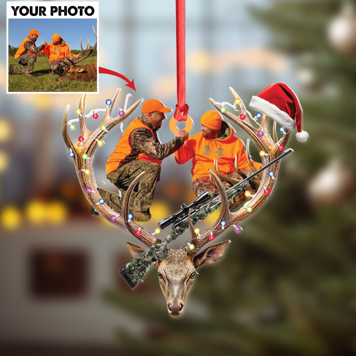 Personalized Hunting Aclyric Christmas Ornament – Custom Photo Deer Antler Gift for Hunters
