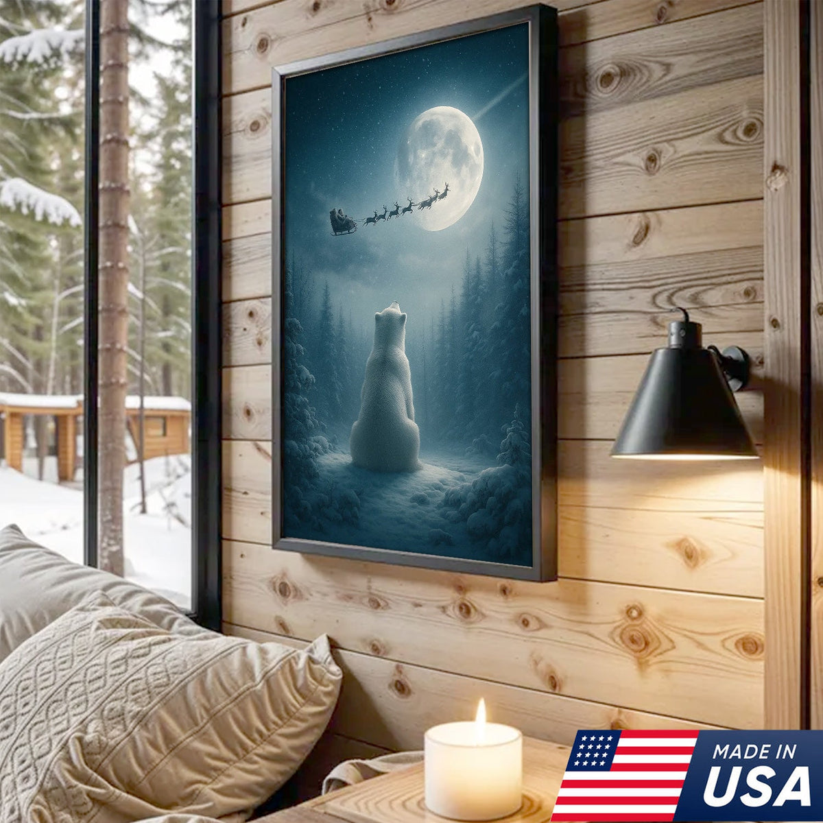 Christmas Polar Bear Santa Sleigh Wall Art Canvas, Winter Night Forest Moon Decor