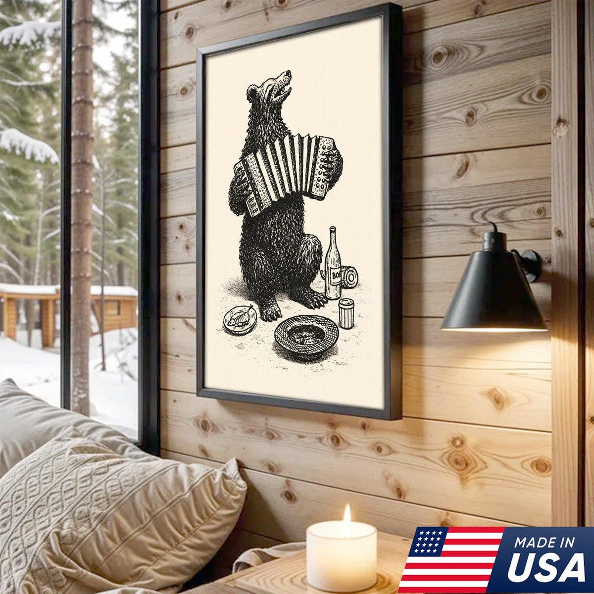 Accordion Playing Bear Illustration Canvas – Vintage Folk Wall Art with Rustic Charm