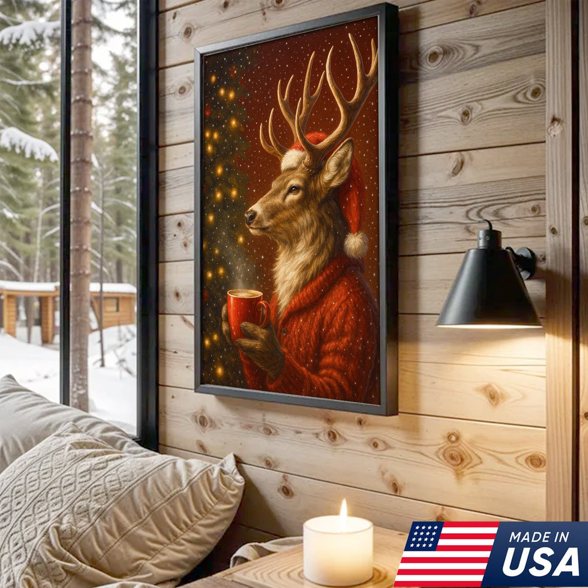 Christmas Deer Drink Coffee In Cozy Sweater Canvas Wall Art - Holiday Cabin Decor