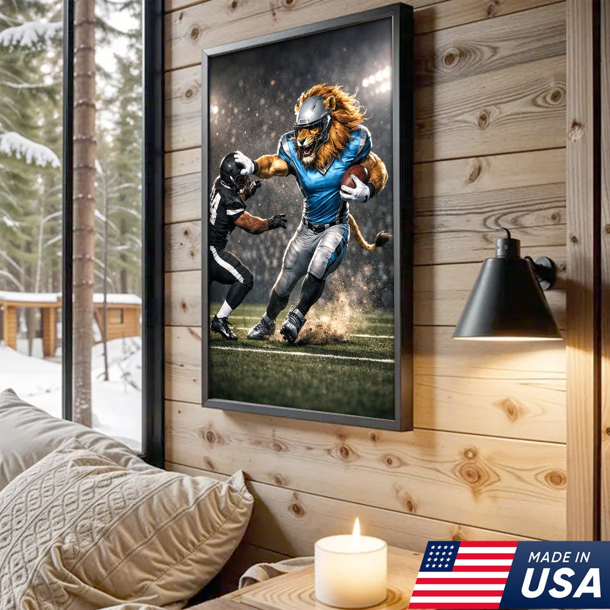Fearless Lion Football Canvas Wall Art – Powerful Big Cat Athlete Stadium Action Print