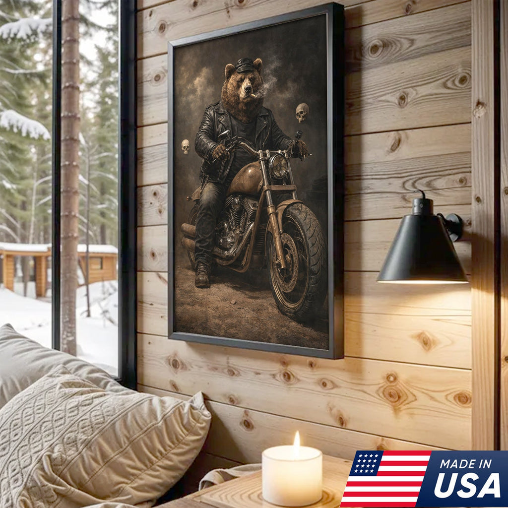 Bear Motorcycle Canvas Print Biker Animal Wall Art Man Cave Decor Gift