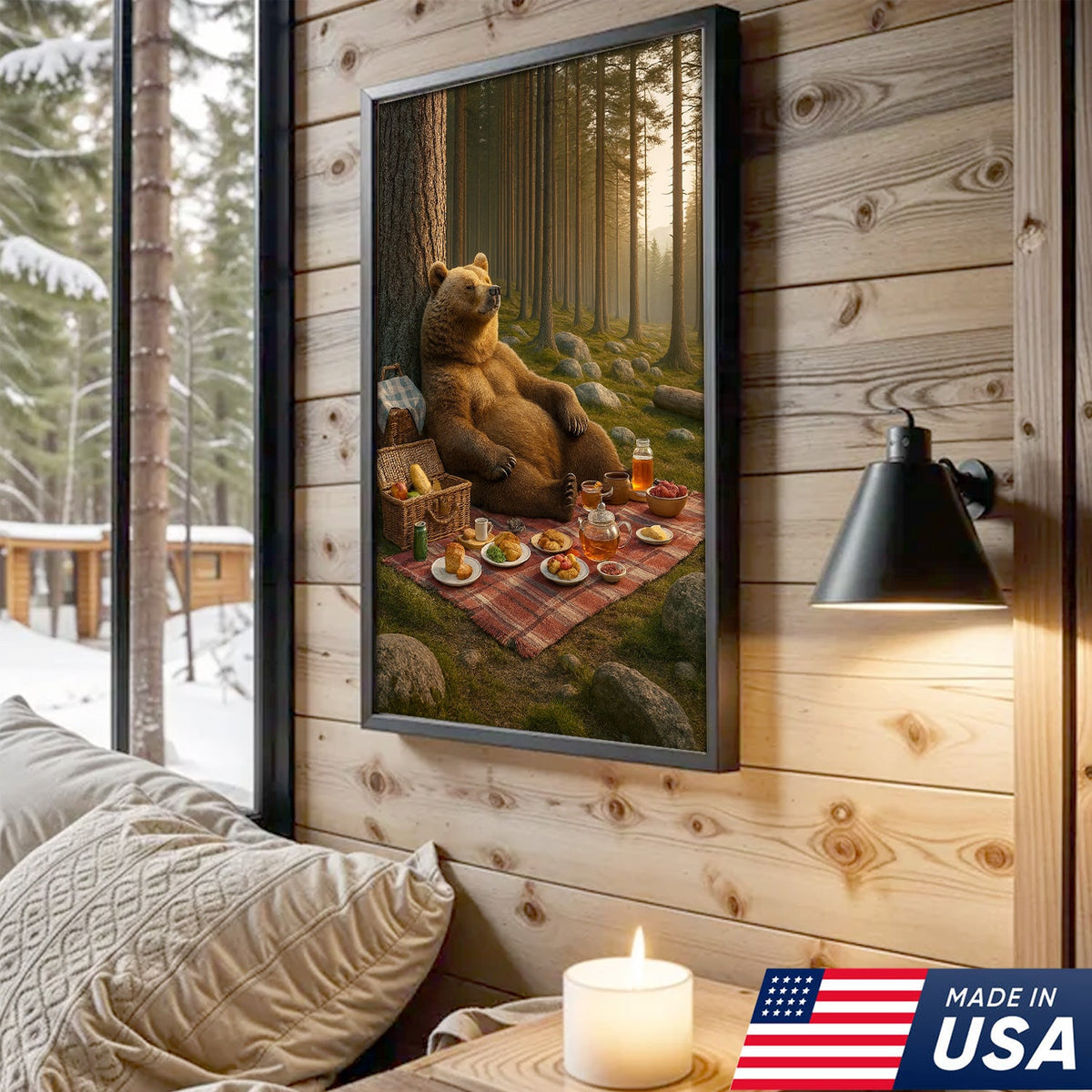 Bear Picnic Forest Wall Art Canvas – Relaxing Woodland Bear Canvas Print for Kitchen Cabin Decor