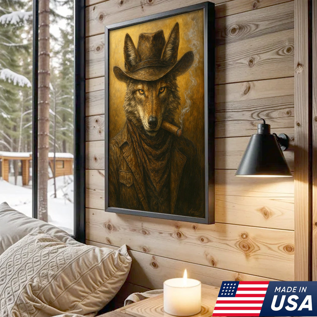 Coyote Cowboy Canvas Wall Art – Rustic Western Outlaw Painting for Lodge, Bar, Hunters