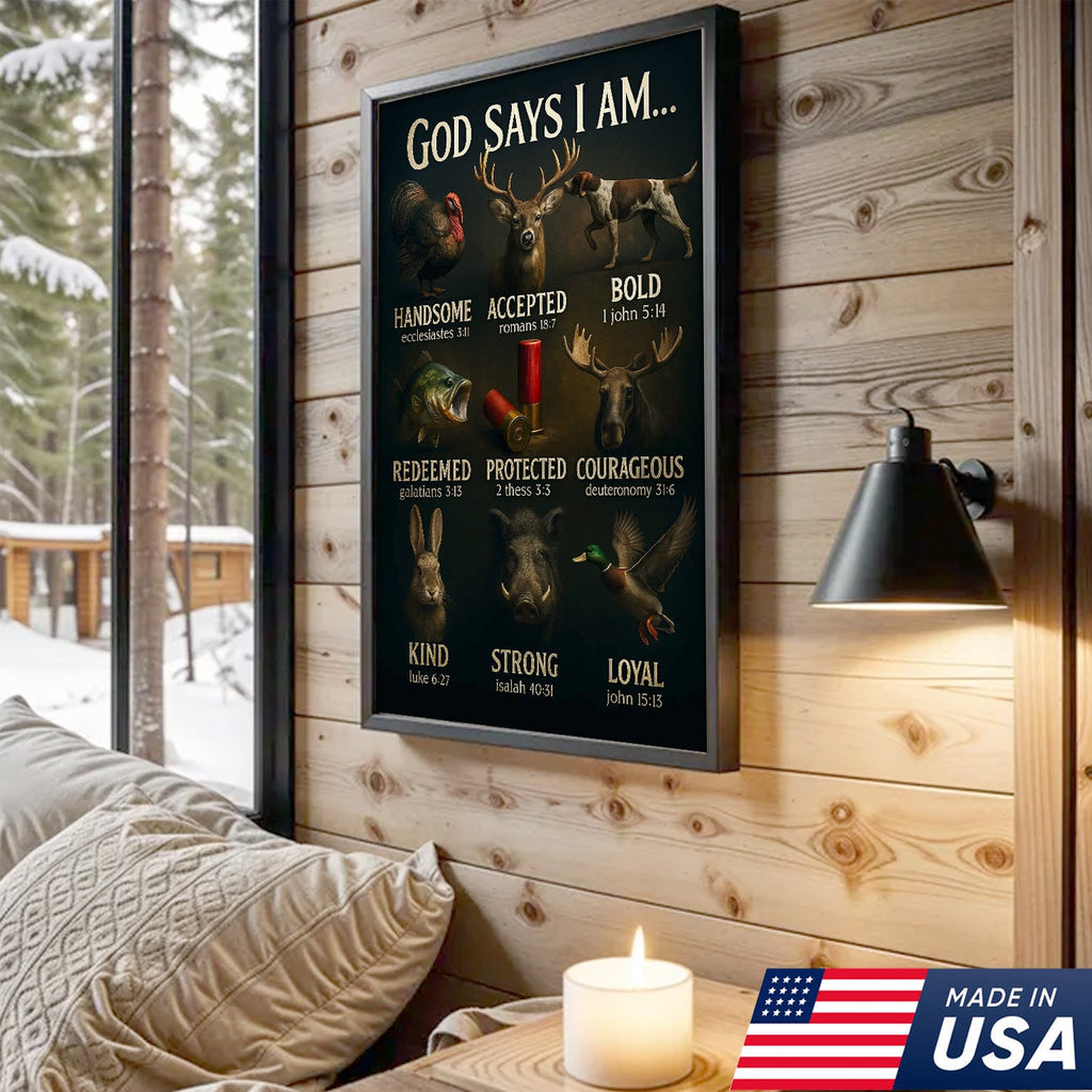God Says I Am Hunting Canvas, Christian Wildlife Wall Art with Deer, Turkey, Duck, and Moose