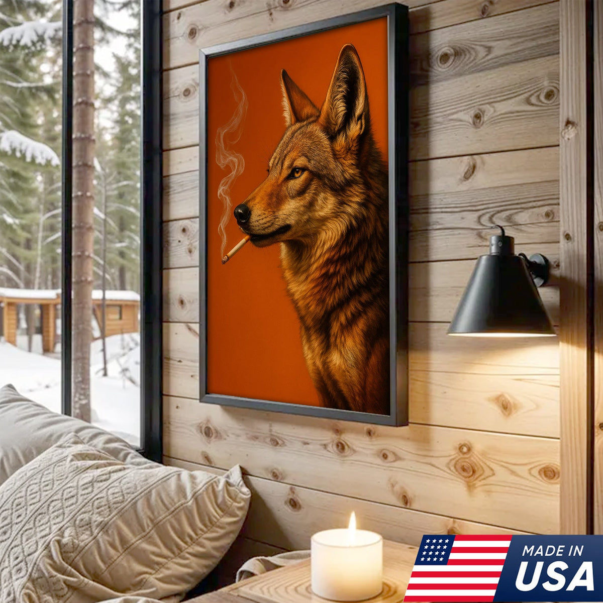 Coyote Canvas Wall Art – Rustic Wildlife Decor – Hunting Cabin Artwork – Mountain Lodge Wall Hanging