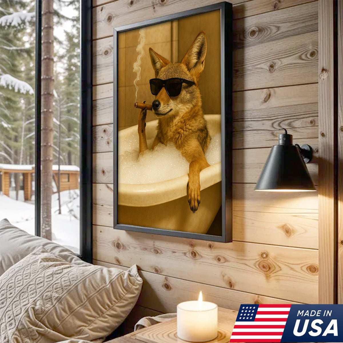 Cool Coyote in Bathtub Canvas – Funny Bathroom Wall Art for Rustic Cabin