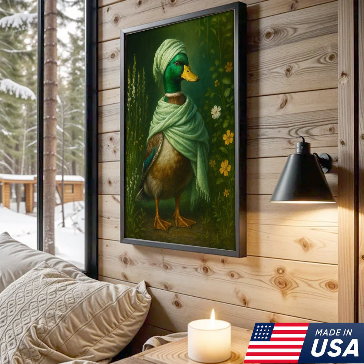 Duck in Green Scarf Canvas Wall Art, Whimsical Animal Portrait, Cottagecore Farmhouse Decor