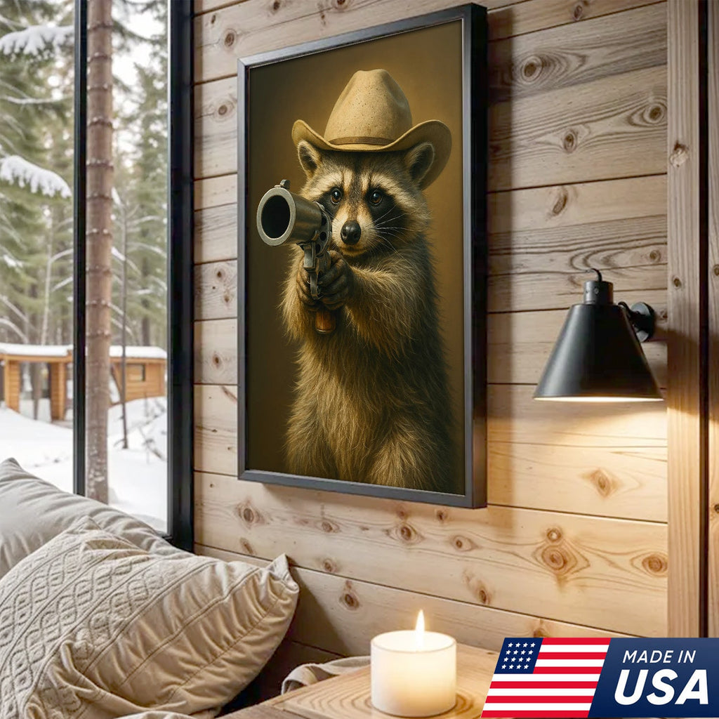 Cowboy Raccoon with Revolver Canvas Wall Art, Funny Western Critter Decor