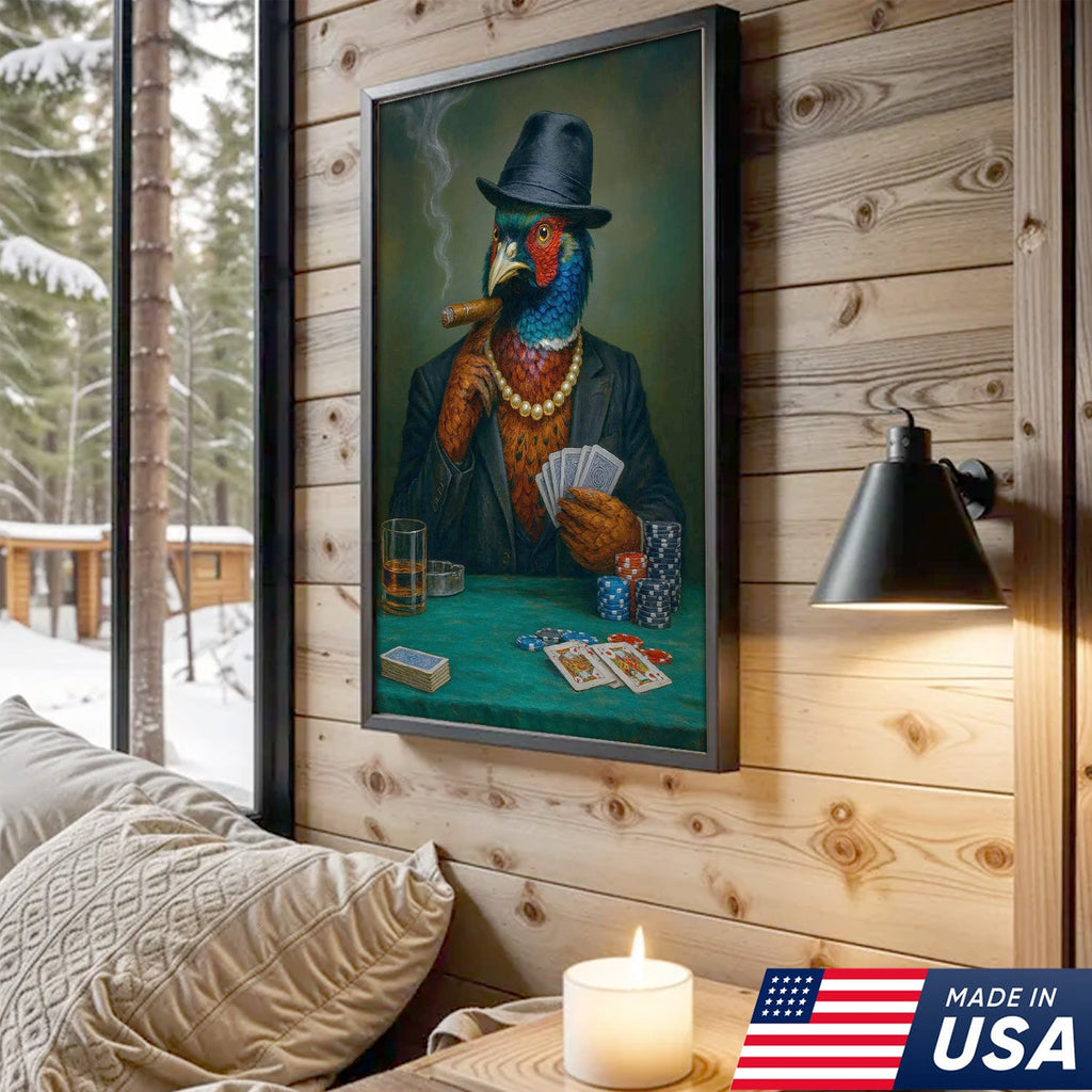 Funny Pheasant Poker Player Canvas Wall Art, Colorful Bird in Suit Casino Decor