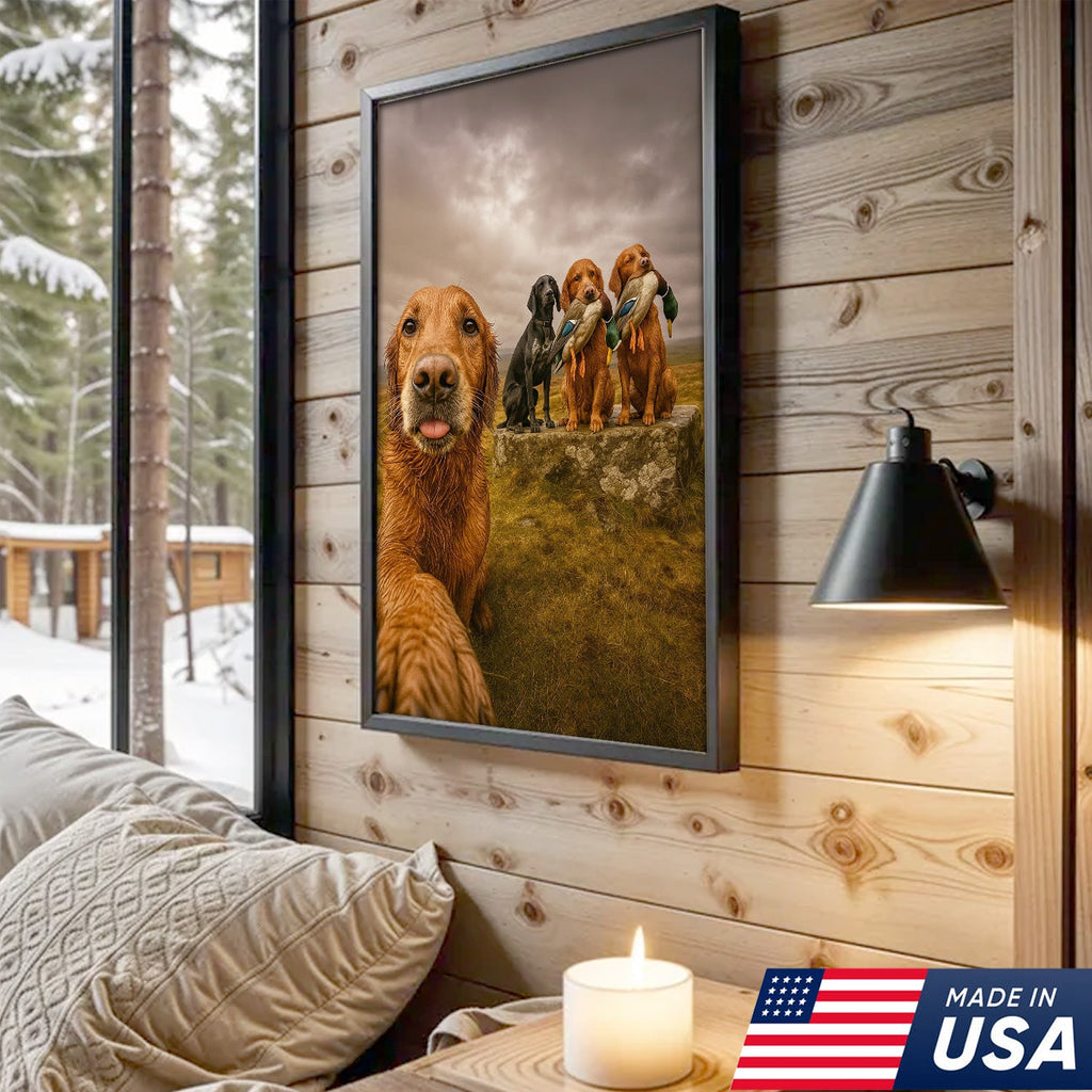 Hunting Dogs Selfie Canvas Art – Funny Retriever Group Photo with Ducks