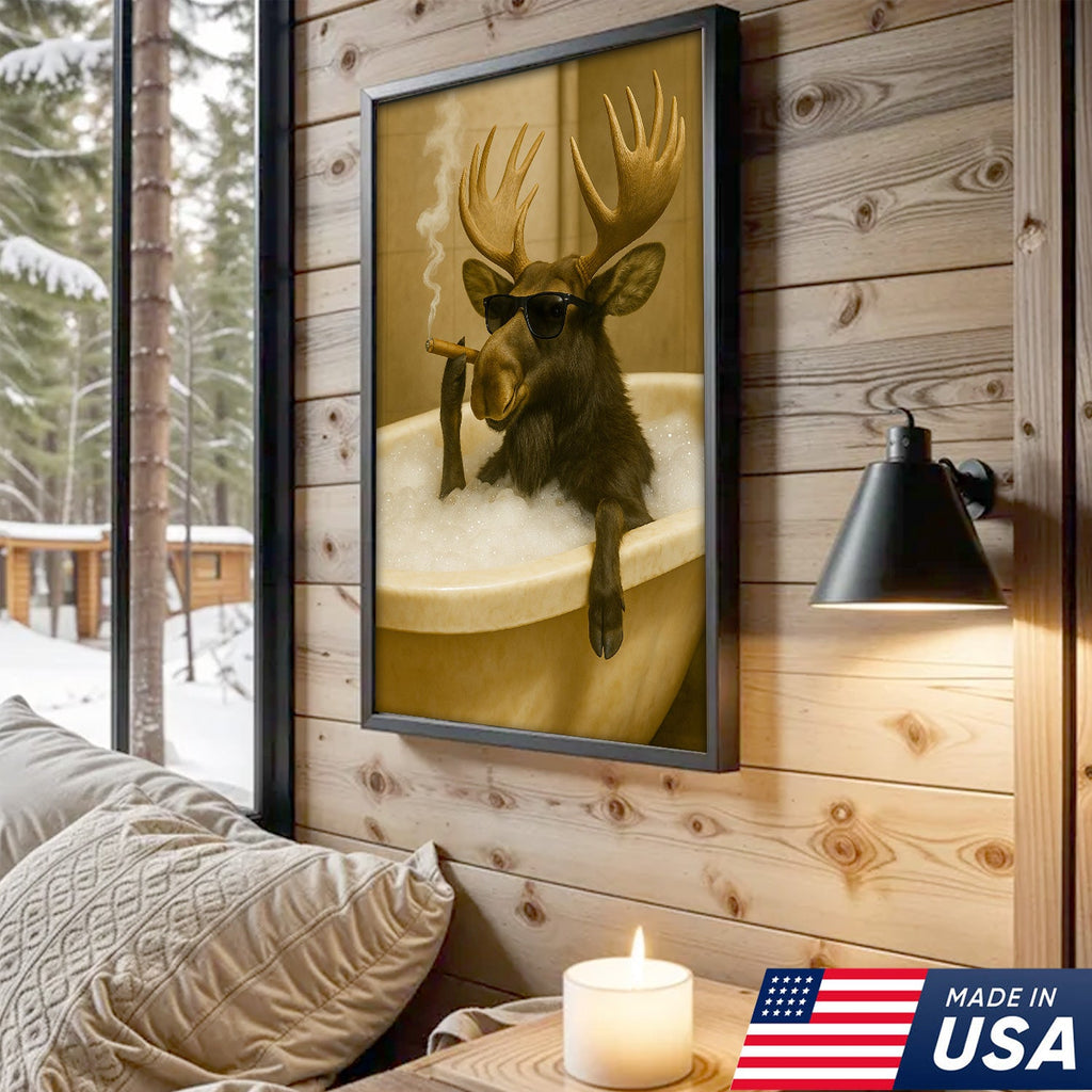 Rustic Bathroom Humor Moose Canvas – Smoking Bubble Bath Wall Art for Hunting Cabin
