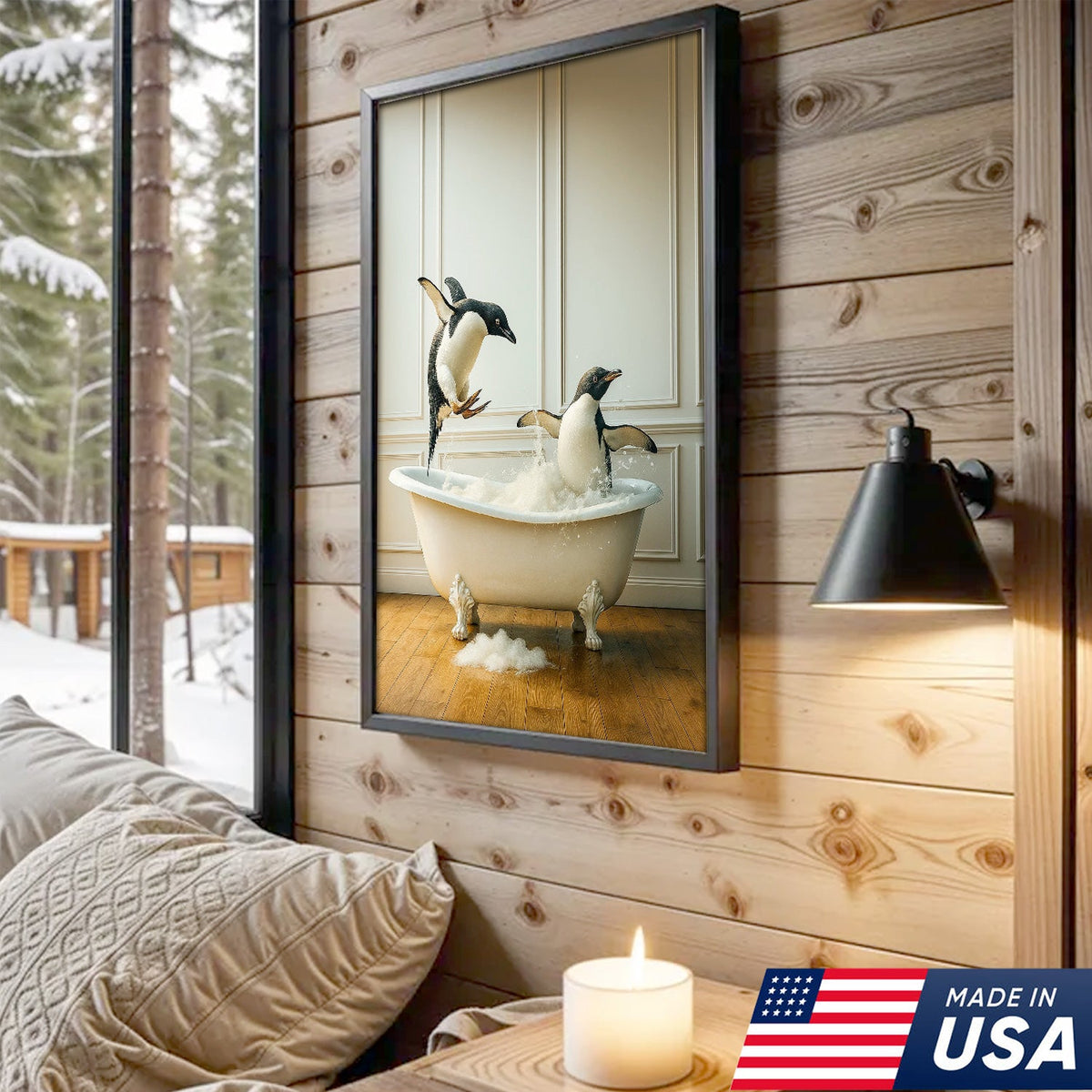 Playful Penguin Bubble Bath Wall Art Canvas, Jumping Penguins in Bathtub Bathroom Decor