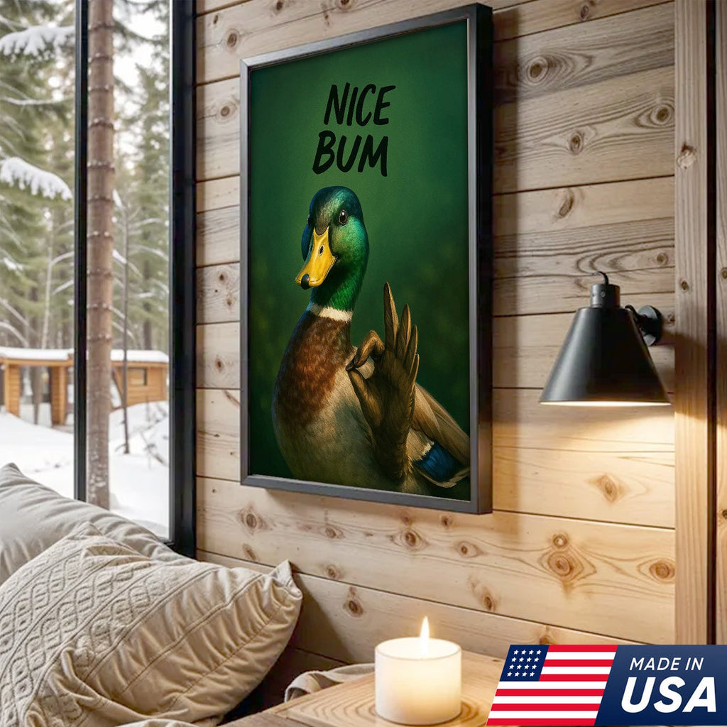 Cheeky Duck Canvas Wall Art – Funny Mallard Humor Print – Playful Rustic Lodge Bathroom Decor
