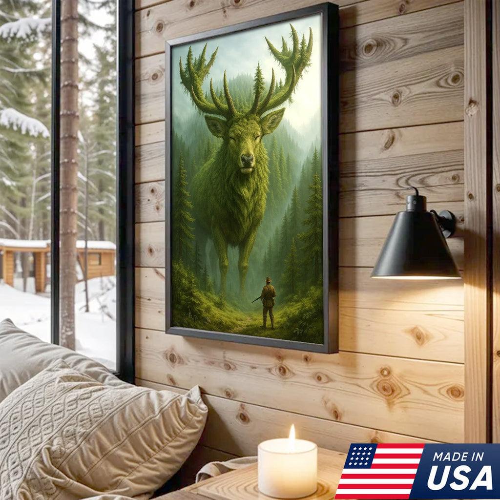 Forest Spirit Deer Wall Art Canvas, Giant Moss Elk with Hunter Fantasy Landscape