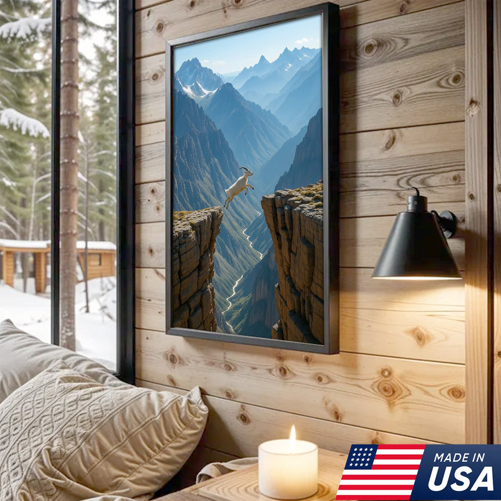 Mountain Goat Cliff Jump Canvas Wall Art, Alpine Canyon Landscape Print