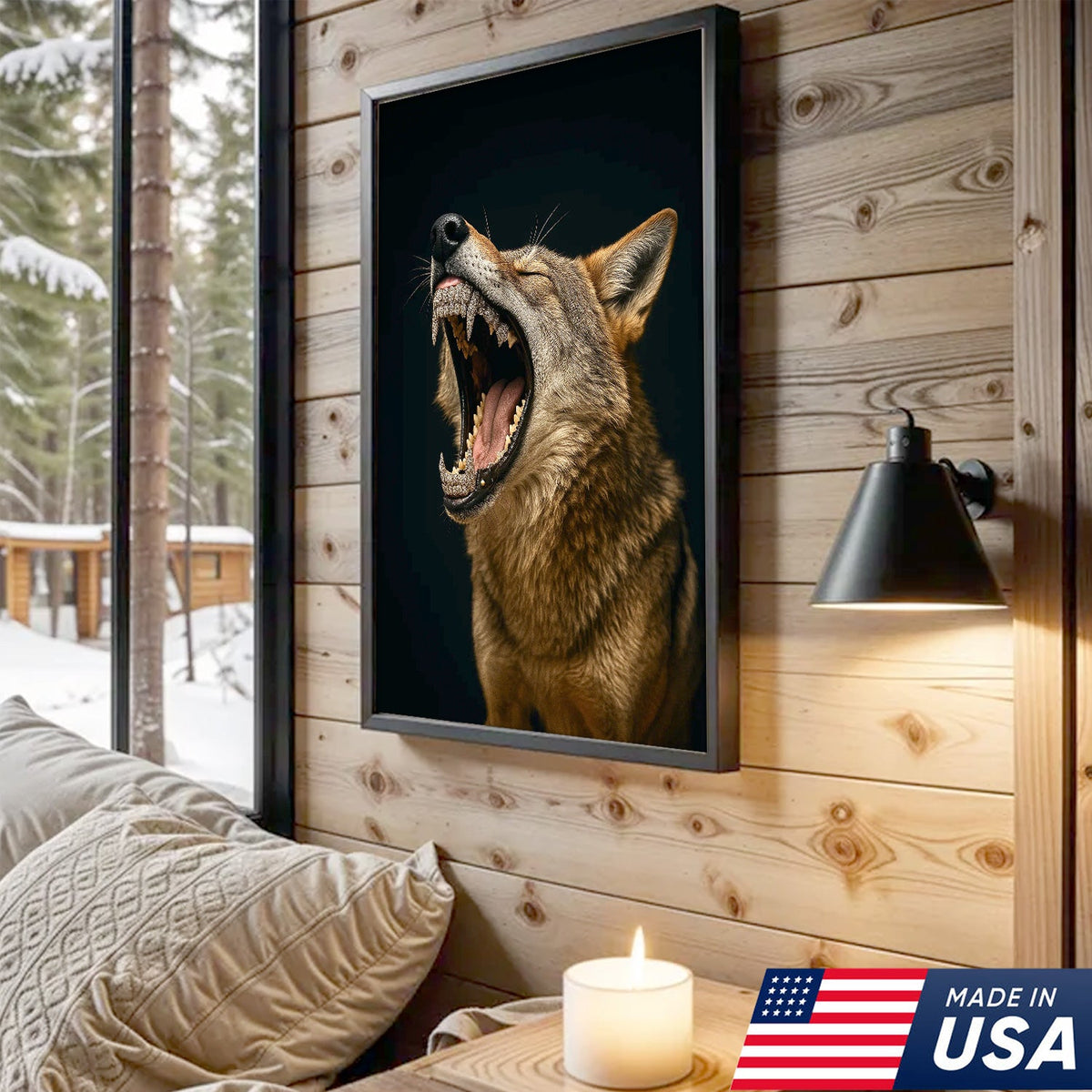 Roaring Wolf Canvas Wall Art, Fierce Animal Portrait Artwork, Rustic Wildlife Decor