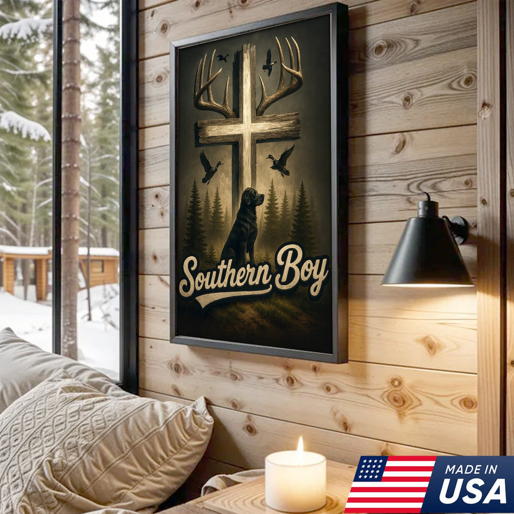 Southern Boy Canvas Wall Art, Deer Antler Cross with Labrador Retriever and Flying Ducks
