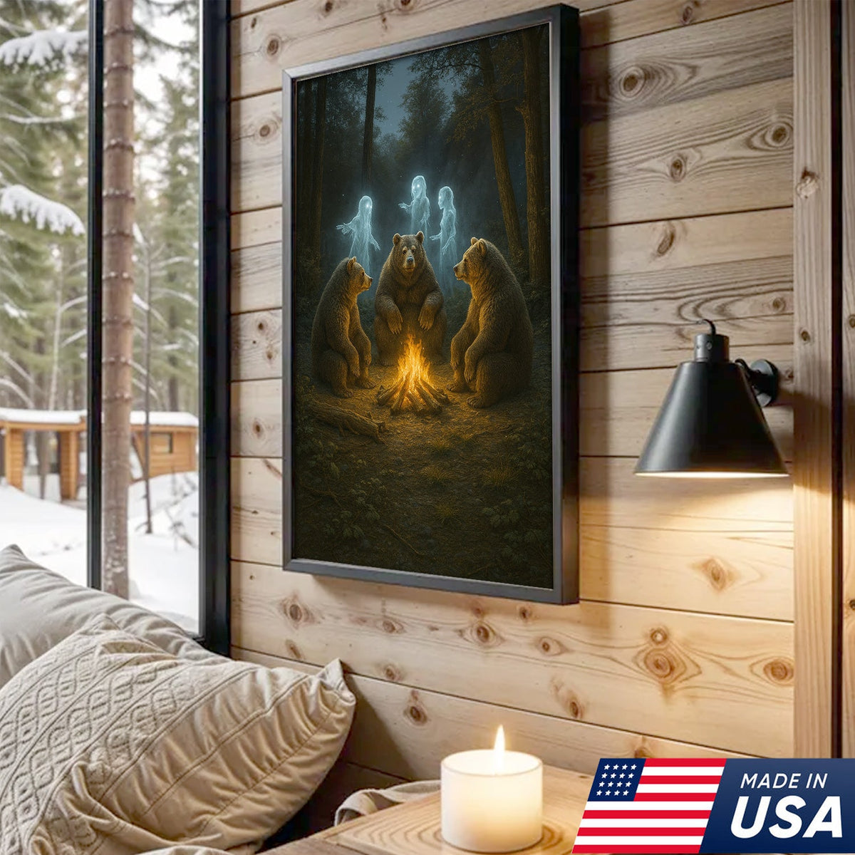 Ghost Bear Campfire Wall Art Canvas – Spooky Forest Spirit Canvas Print for Halloween Decor