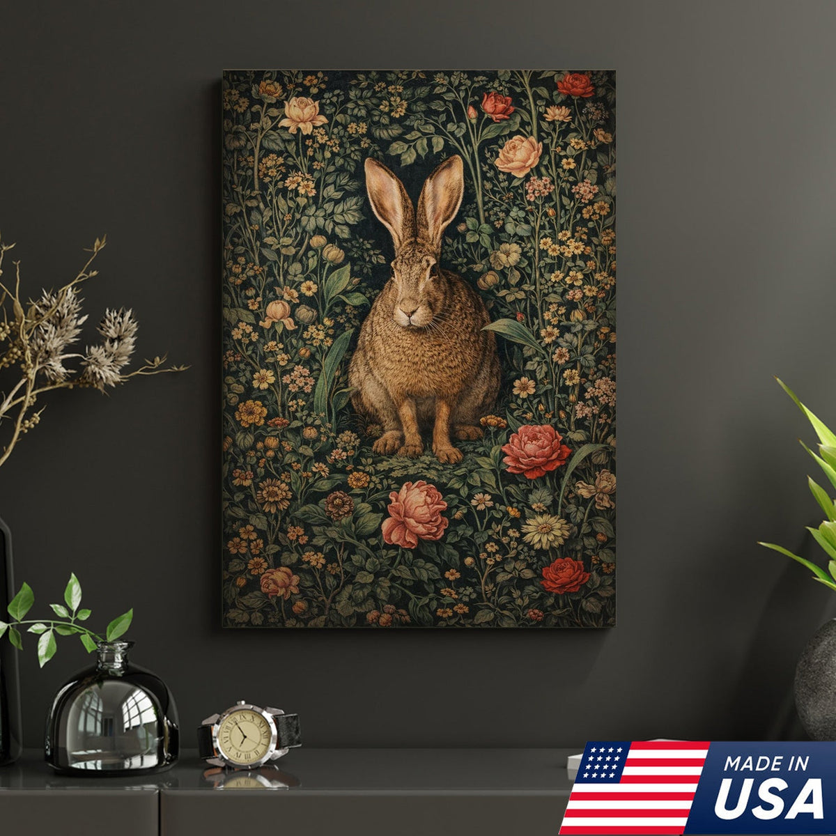 Woodland Floral Animals Triptych Canvas Wall Art Set, Vintage Botanical Rabbit Fox Owl Prints