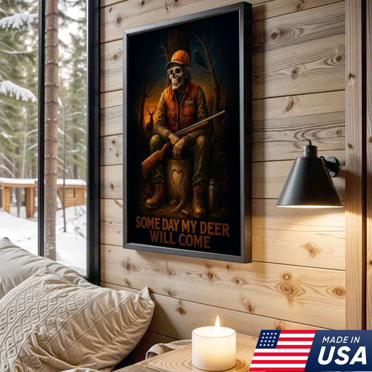 Funny Deer Hunting Canvas Wall Art – Skeleton Hunter with Rifle, Rustic Lodge Decor