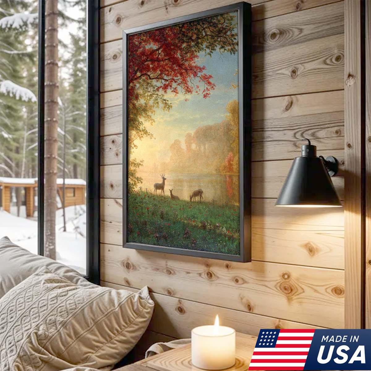 Sunrise Deer Meadow Canvas Wall Art, Autumn Lake Landscape Painting with Stag and Does
