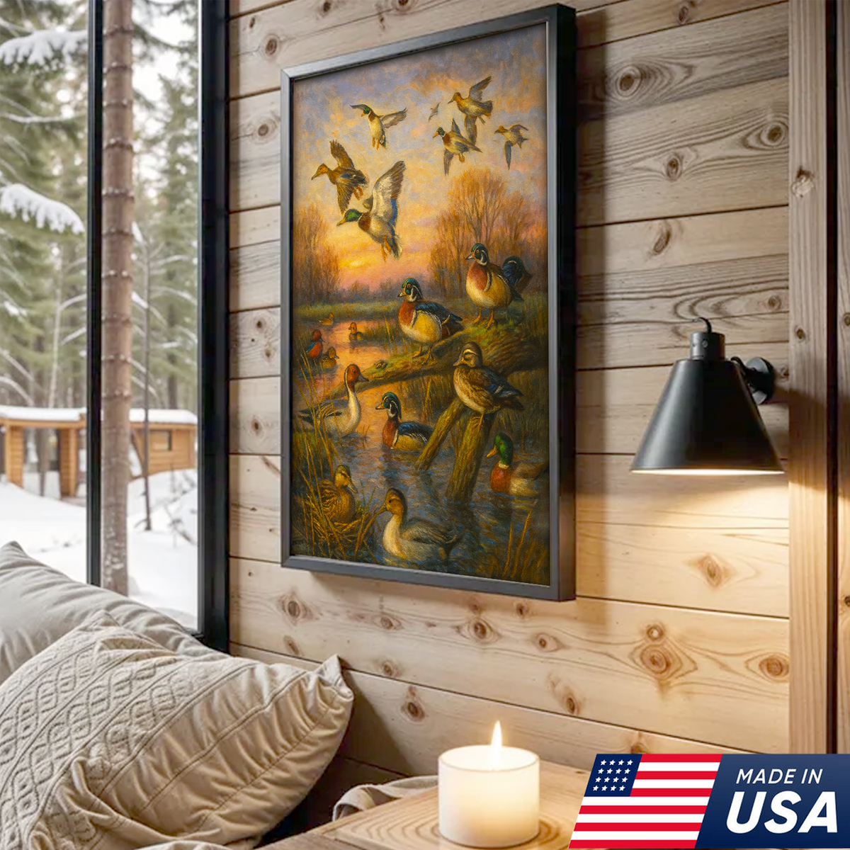 Duck Hunting Canvas Wall Art – Oil Painting Style Waterfowl at Sunset Rustic Lodge Decor