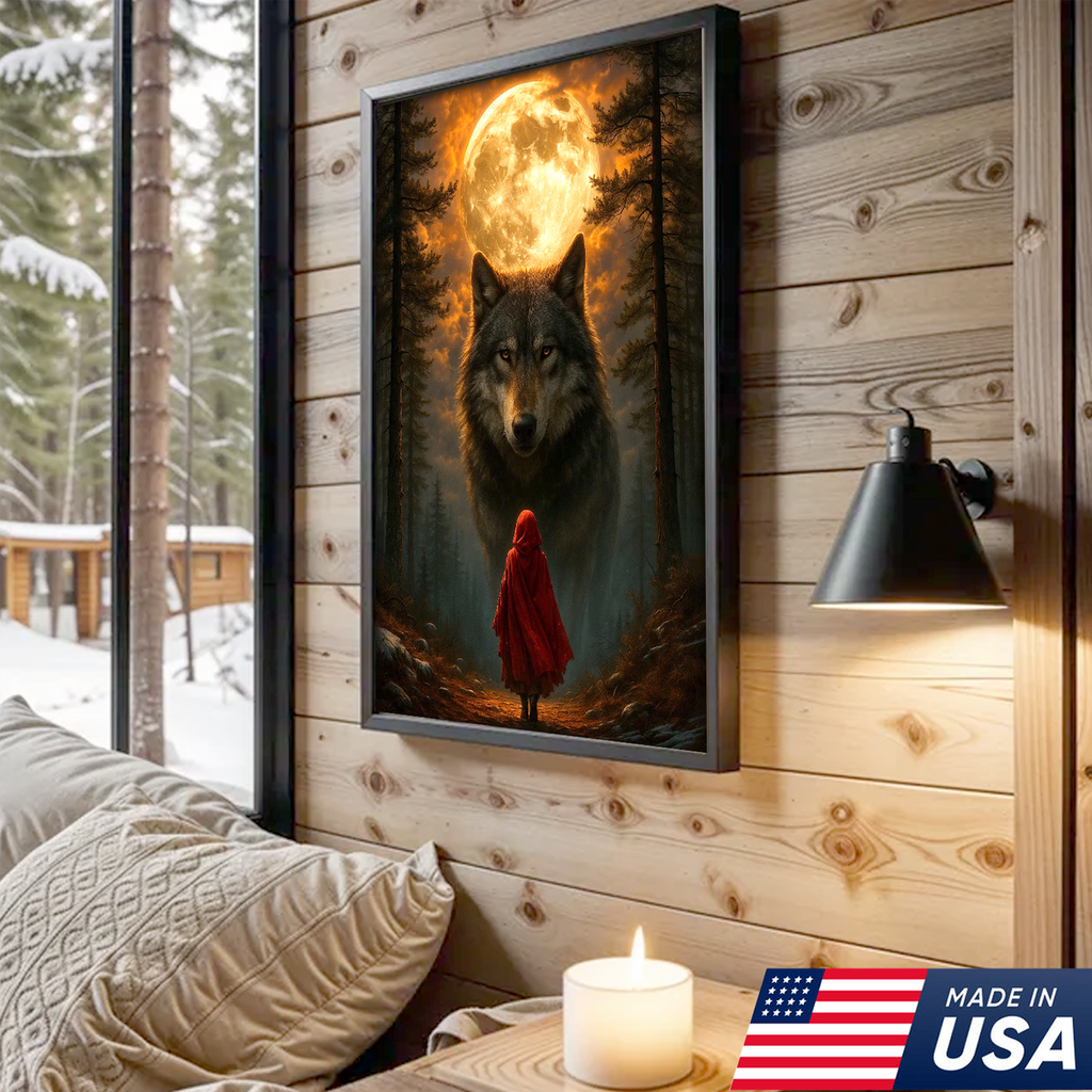 Wolf and Little Red Riding Hood Canvas Wall Art – Fantasy Moonlit Forest Scene