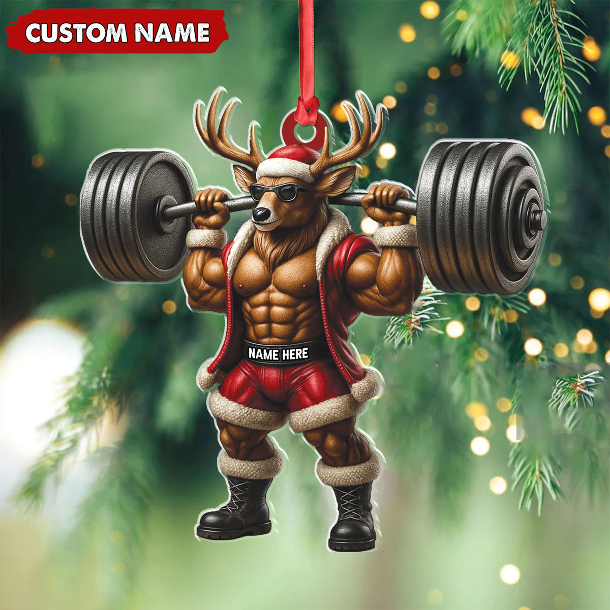 Personalized Acrylic Muscle Deer Christmas Ornament - Custom Weightlifting Holiday Decoration