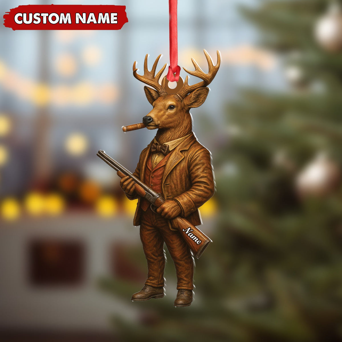 Personalized Acrylic Deer Hunter Christmas Ornament – Custom Name Rustic Hunting Lodge Decor