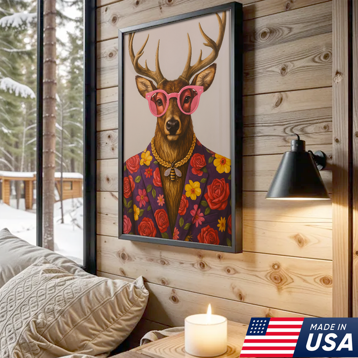 Funny Deer Wall Art Canvas – Stylish Hunter Canvas with Floral Suit & Sunglasses