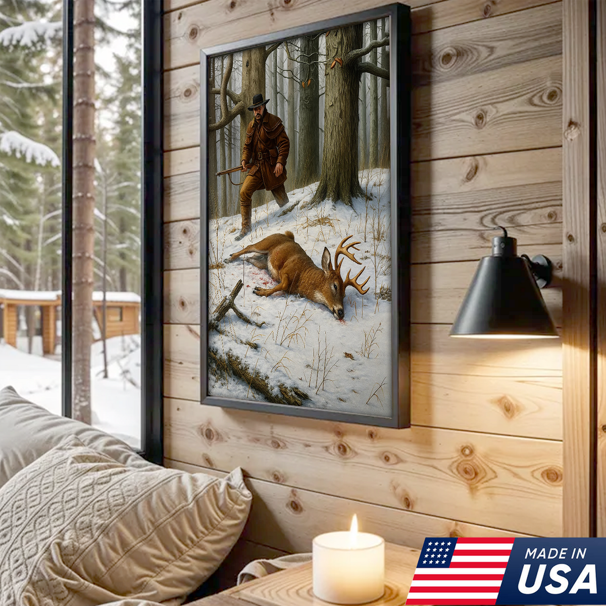 Deer Hunting Canvas Wall Art – Rustic Winter Forest Scene, Hunter with Rifle and Buck