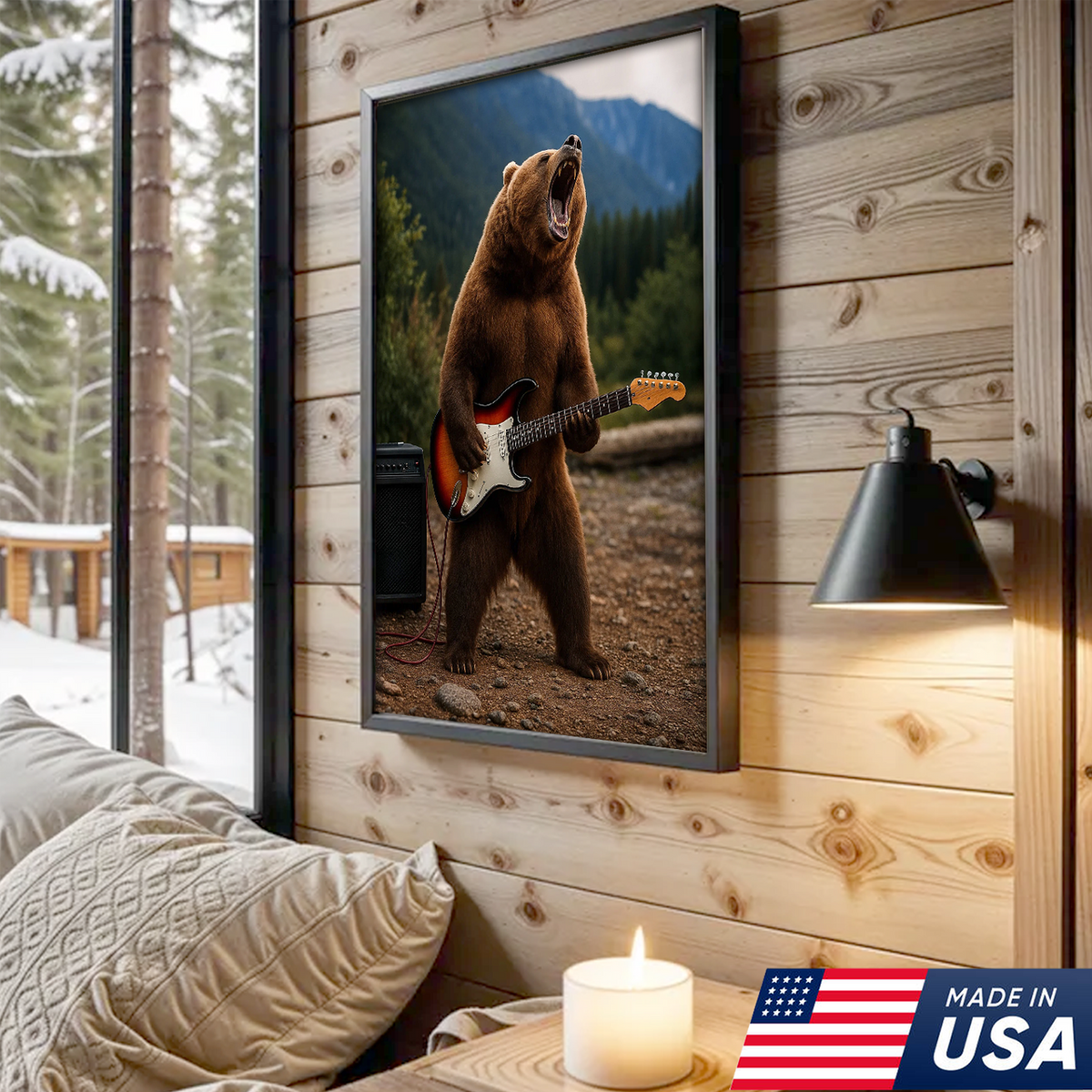 Funny Bear Canvas Wall Art – Rock and Roll Wildlife Decor, Guitar Playing Grizzly