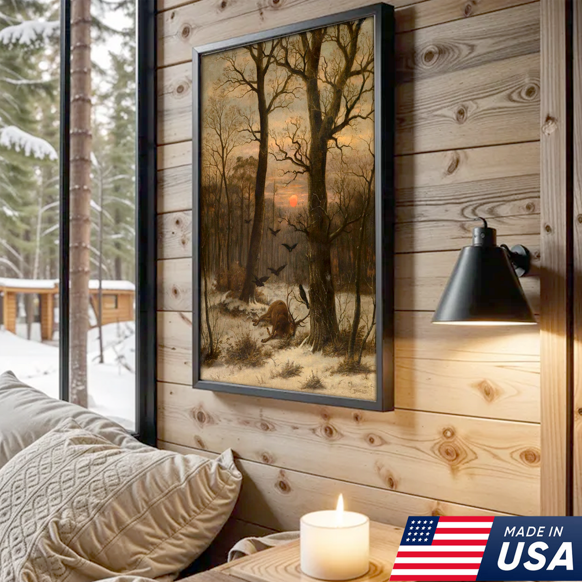 Vintage Deer Hunting Canvas Wall Art, Winter Forest Stag, Rustic Cabin Lodge Wildlife Decor