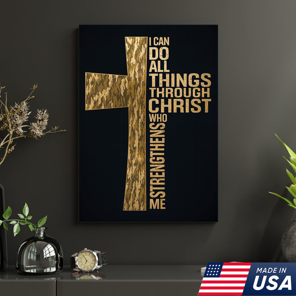 Camo Cross Christian Canvas Wall Art, Philippians 413 I Can Do All Things Through Christ Verse