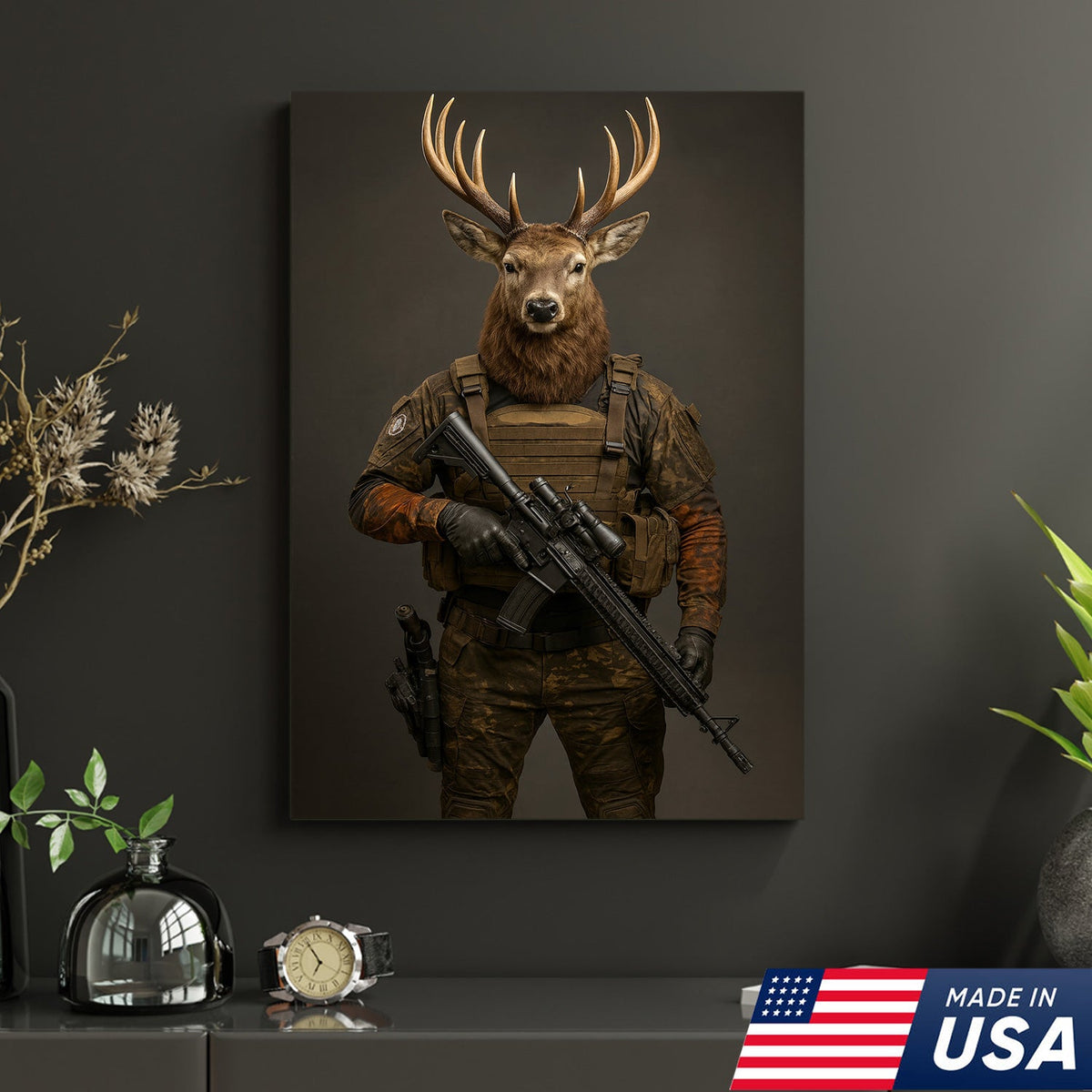 Tactical Deer Soldier Wall Art Canvas – Military Buck Canvas Print for Man Cave & Hunter Decor