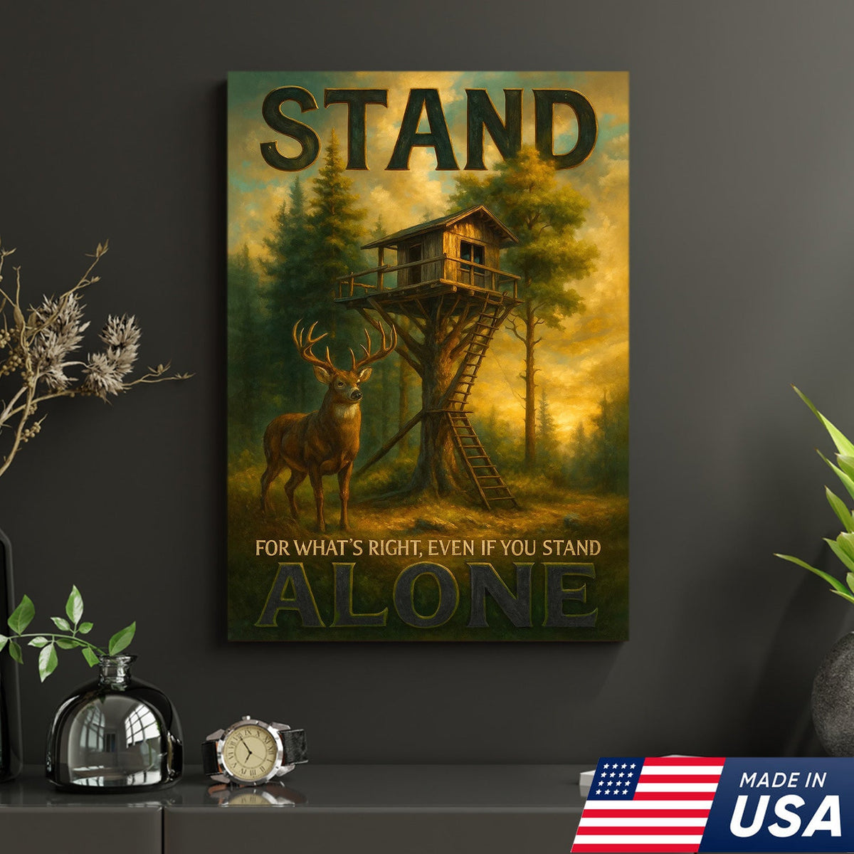 Inspirational Deer Hunting Canvas Wall Art – Rustic Cabin Lodge Decor with Motivational Quote
