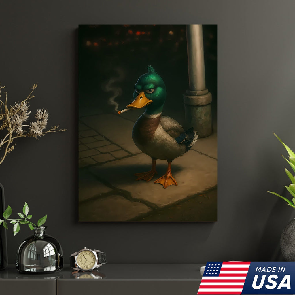 Funny Duck Canvas, Grumpy Mallard Wall Art, Humorous Bird Lover Decor for Man Cave or Cabin