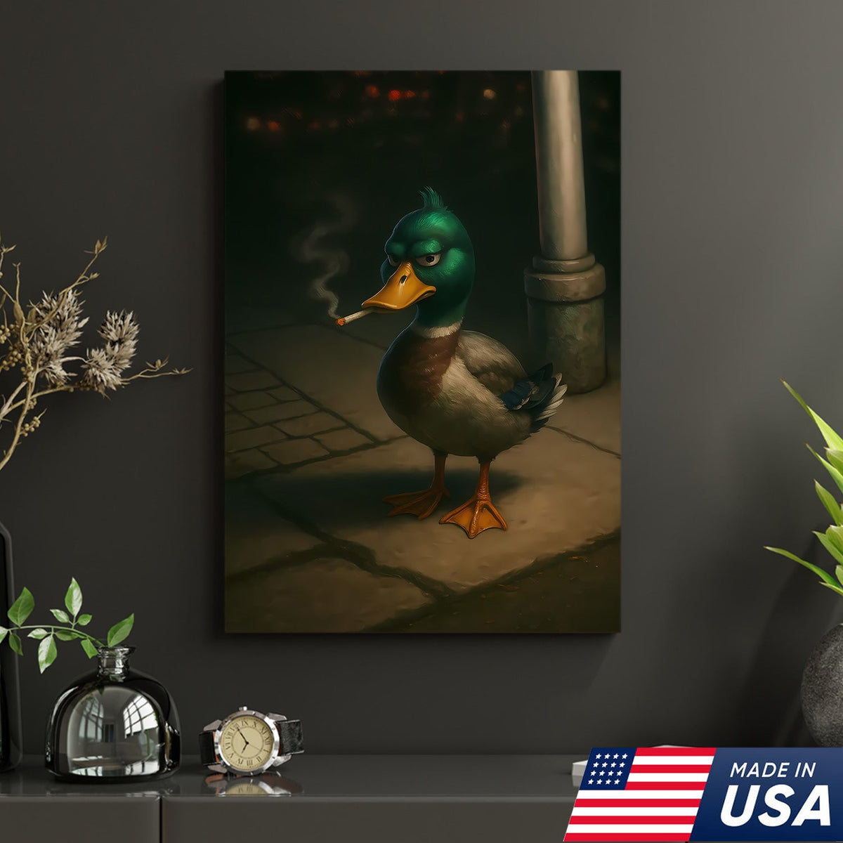 Funny Duck Canvas, Grumpy Mallard Wall Art, Humorous Bird Lover Decor for Man Cave or Cabin